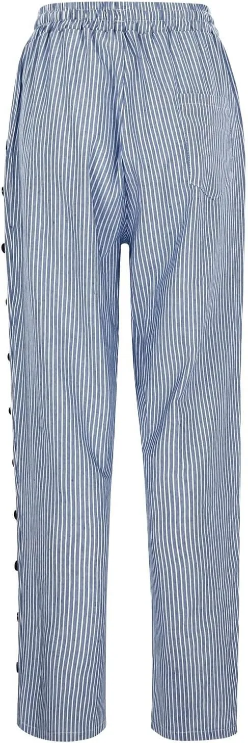Cotton Linen Pants for Women Drawstring High Elastic Waist Trousers Summer Trendy Strip Buttoned Side Tapered Pants