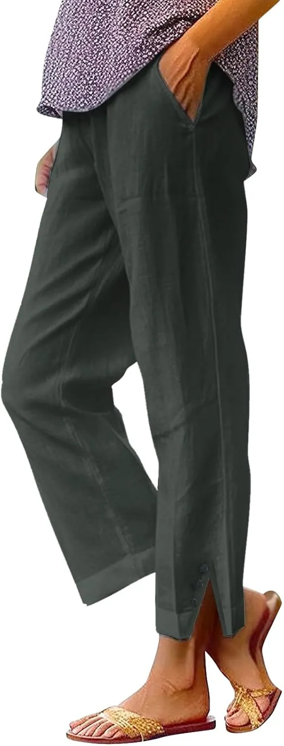 Cotton Linen Pants Women 2025 Summer Elastic Waist Crop Pants Plus Size Straight Leg Slack Trouser with Pocket