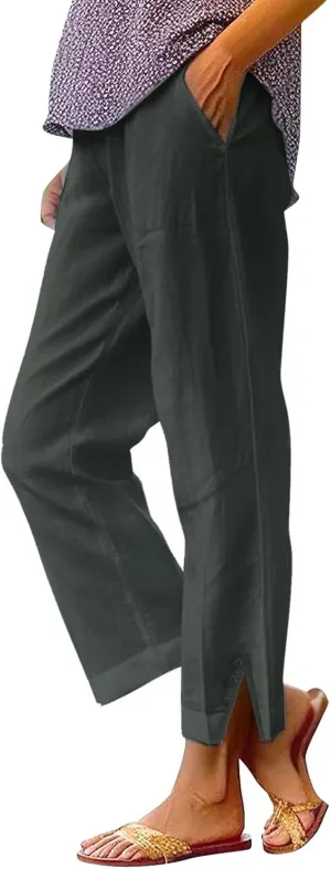 Cotton Linen Pants Women 2025 Summer Elastic Waist Crop Pants Plus Size Straight Leg Slack Trouser with Pocket
