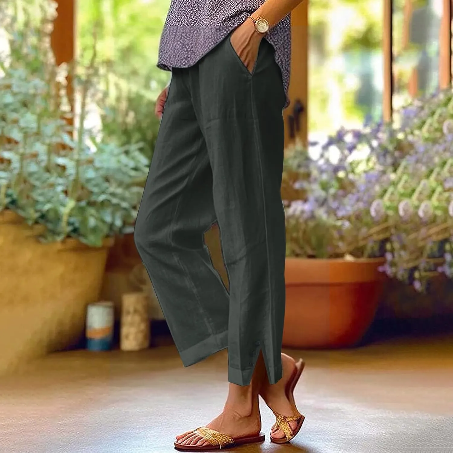Cotton Linen Pants Women 2025 Summer Elastic Waist Crop Pants Plus Size Straight Leg Slack Trouser with Pocket