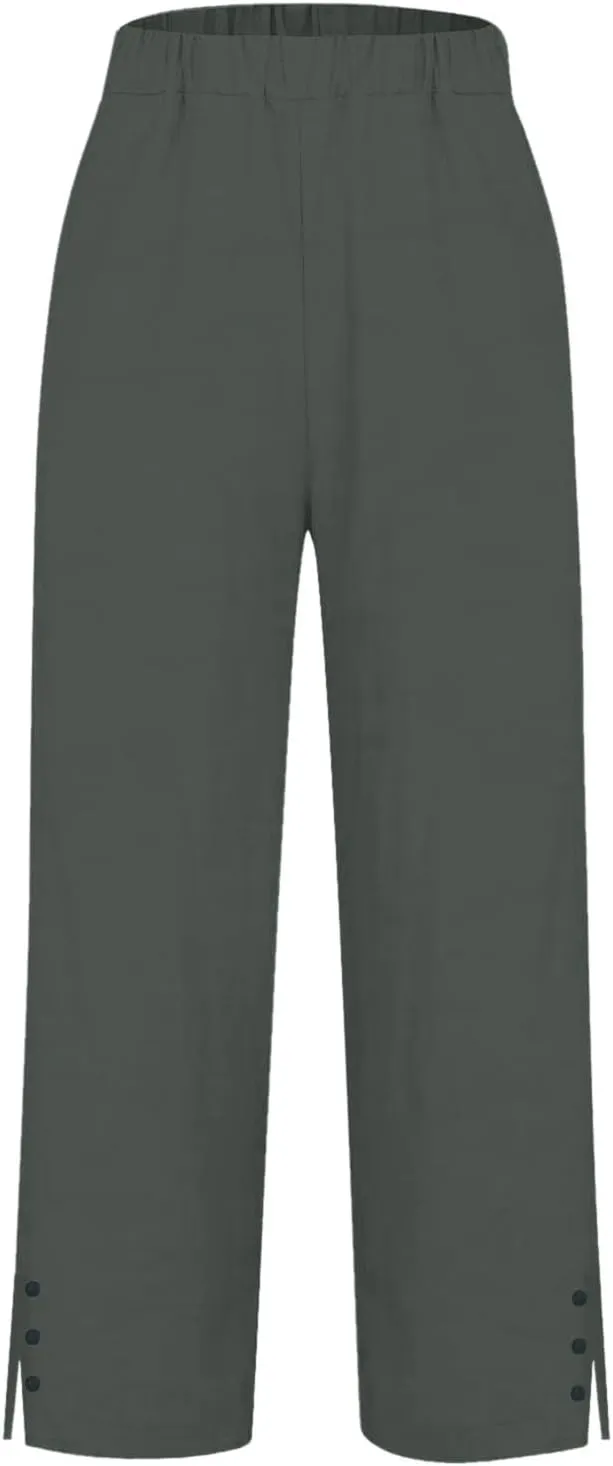 Cotton Linen Pants Women 2025 Summer Elastic Waist Crop Pants Plus Size Straight Leg Slack Trouser with Pocket