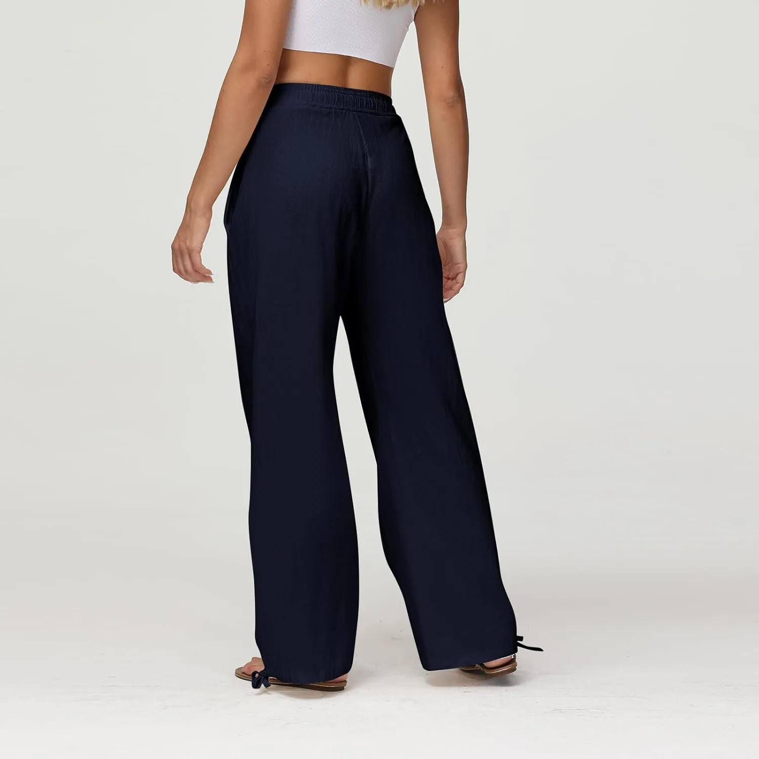 Cotton Linen Pants Women Summer Loose Drawstring Waisted Palazzo Pants Casual Wide Leg Trousers Pants with Pockets