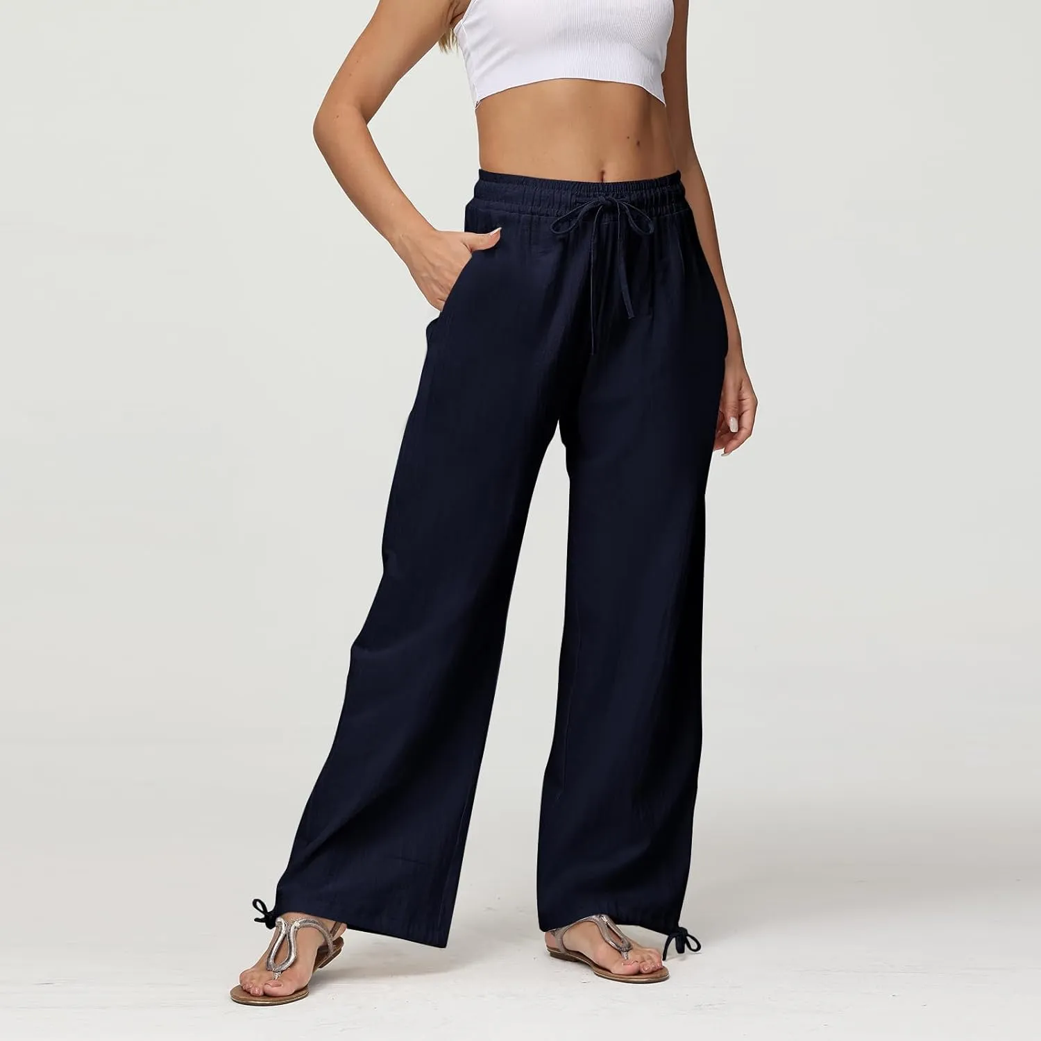 Cotton Linen Pants Women Summer Loose Drawstring Waisted Palazzo Pants Casual Wide Leg Trousers Pants with Pockets