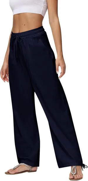 Cotton Linen Pants Women Summer Loose Drawstring Waisted Palazzo Pants Casual Wide Leg Trousers Pants with Pockets