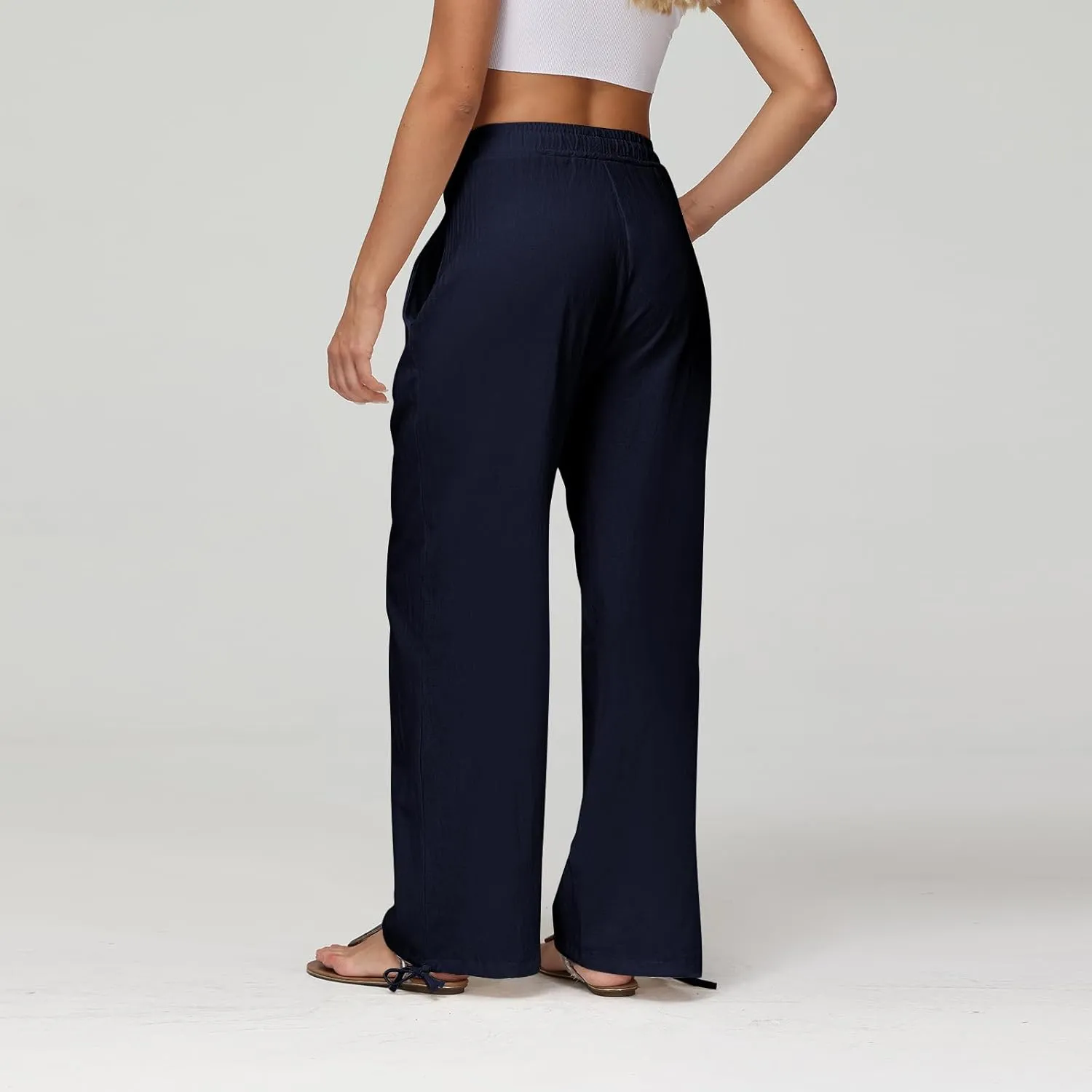 Cotton Linen Pants Women Summer Loose Drawstring Waisted Palazzo Pants Casual Wide Leg Trousers Pants with Pockets