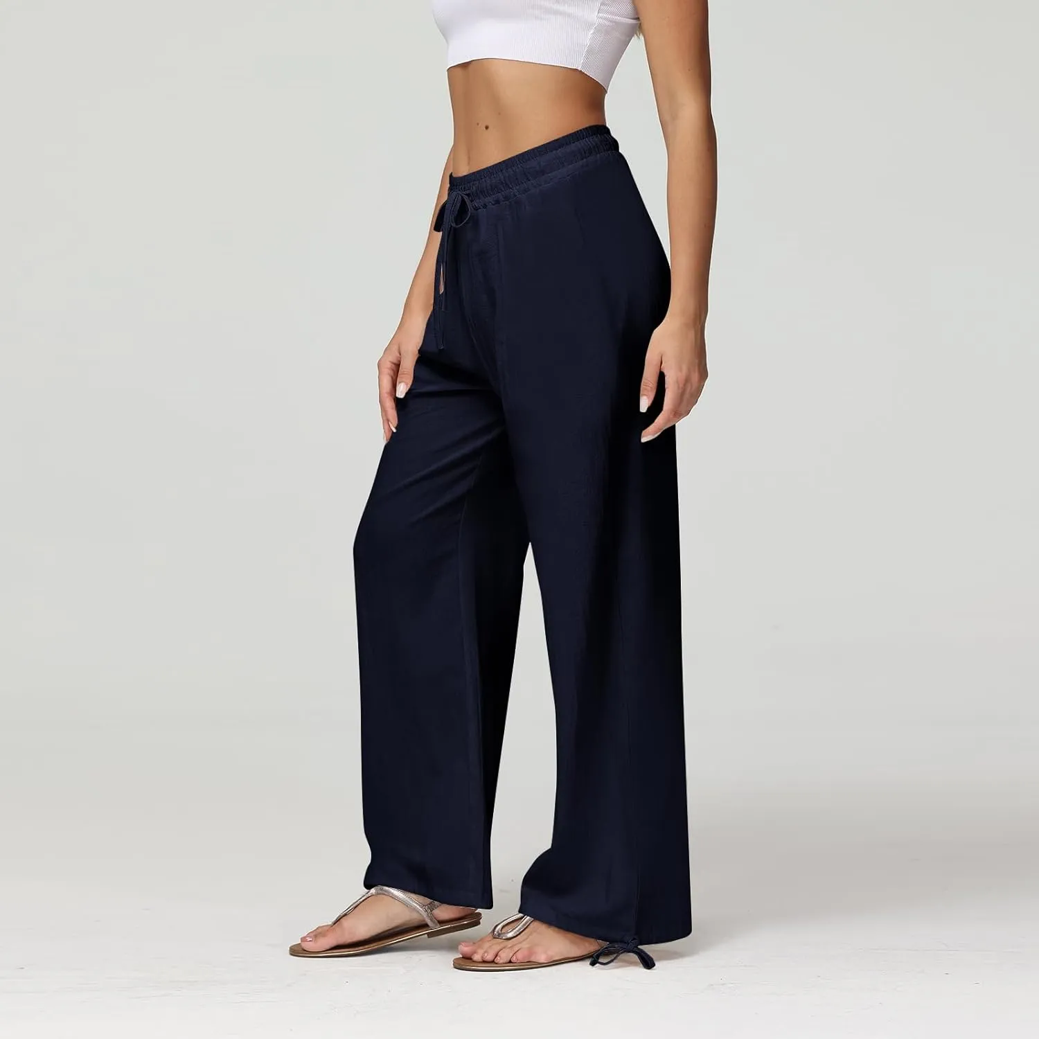 Cotton Linen Pants Women Summer Loose Drawstring Waisted Palazzo Pants Casual Wide Leg Trousers Pants with Pockets