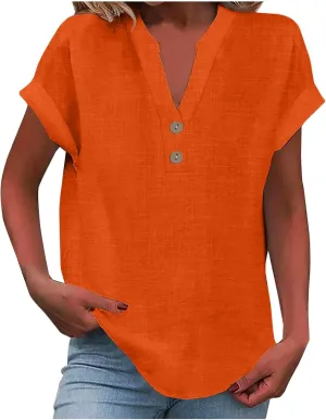 Cotton Linen Shirt for Women 2025 Trendy Short Sleeve Summer Blouse Button Down V Neck Tops Casual Vacation Tee Shirts