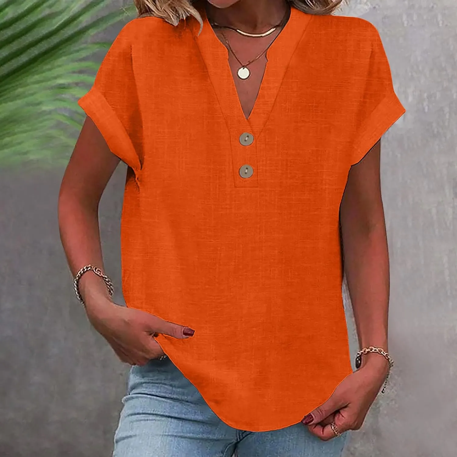 Cotton Linen Shirt for Women 2025 Trendy Short Sleeve Summer Blouse Button Down V Neck Tops Casual Vacation Tee Shirts