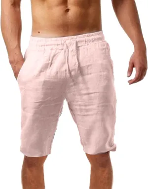 Cotton Linen Shorts for Men Drawstring Elastic Waist Lounge Shorts Loose Fit Lightweight Summer Casual Beach Shorts