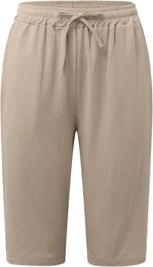 Cotton Linen Shorts for Women Casual Loose Beach Pants Summer Linen Bermuda Shorts Pants Women Plus Size
