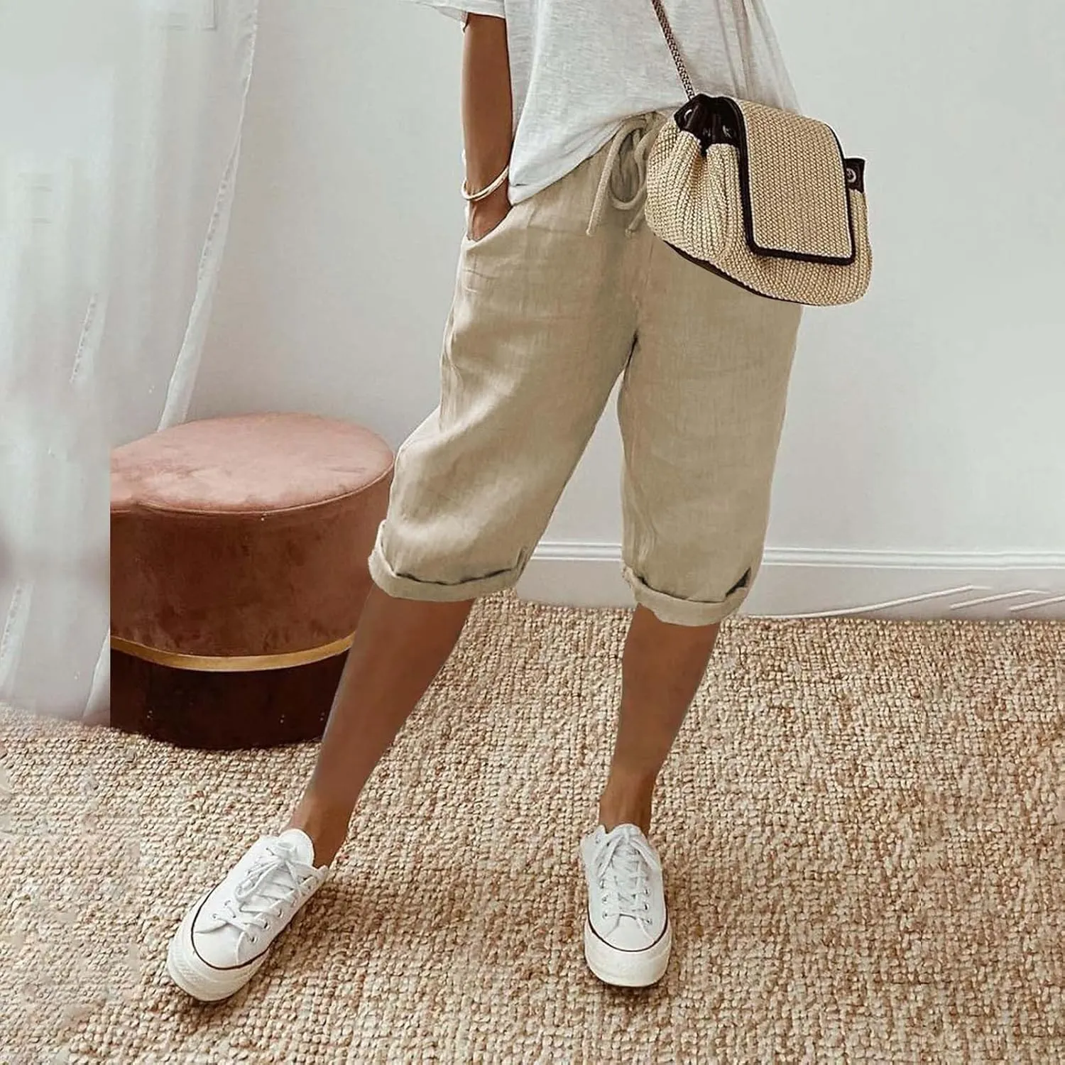 Cotton Linen Shorts White Linen Pants Women Linen Trousers for Women Knee Length Shorts Women Linen Drawstring Pocket