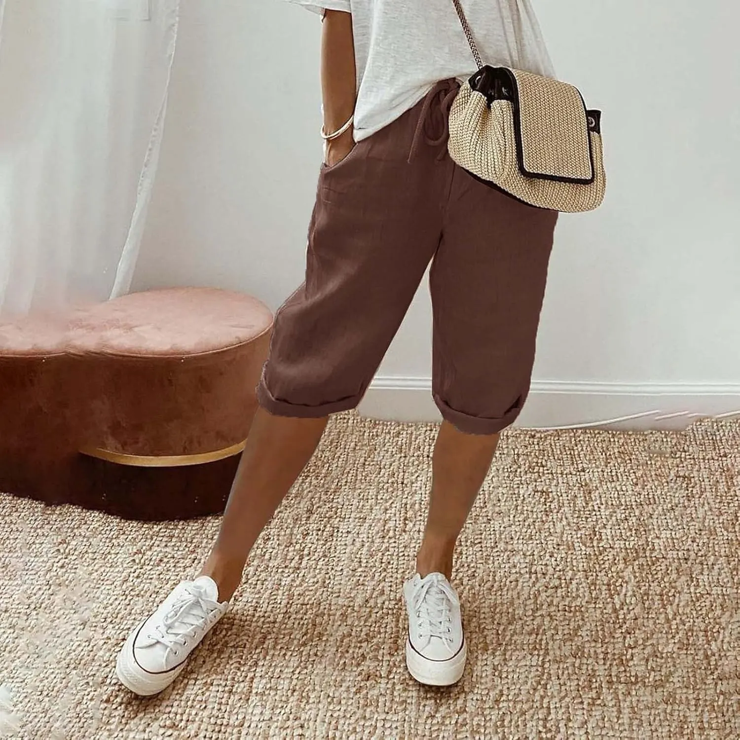 Cotton Linen Shorts White Linen Pants Women Linen Trousers for Women Knee Length Shorts Women Linen Drawstring Pocket