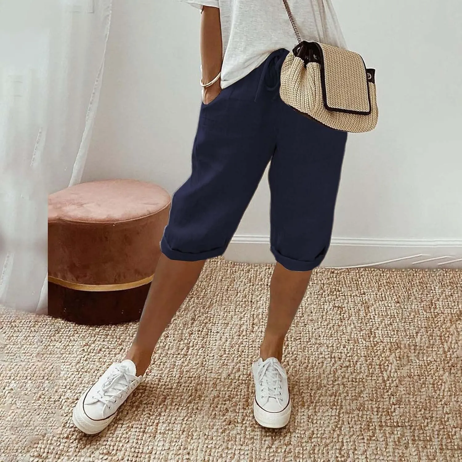 Cotton Linen Shorts White Linen Pants Women Linen Trousers for Women Knee Length Shorts Women Linen Drawstring Pocket