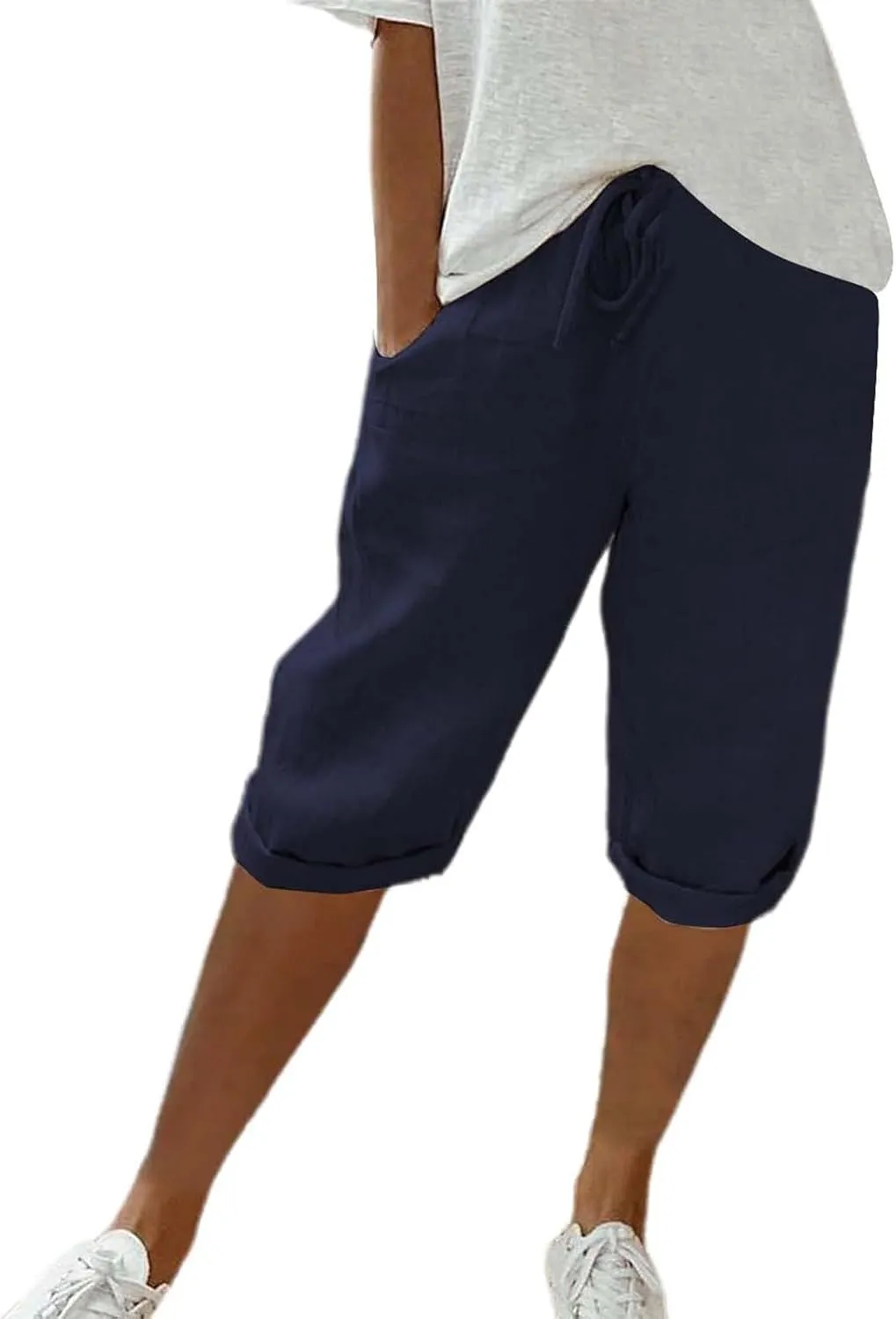 Cotton Linen Shorts White Linen Pants Women Linen Trousers for Women Knee Length Shorts Women Linen Drawstring Pocket
