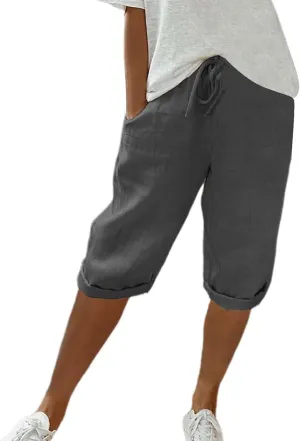 Cotton Linen Shorts White Linen Pants Women Linen Trousers for Women Knee Length Shorts Women Linen Drawstring Pocket