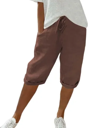 Cotton Linen Shorts White Linen Pants Women Linen Trousers for Women Knee Length Shorts Women Linen Drawstring Pocket