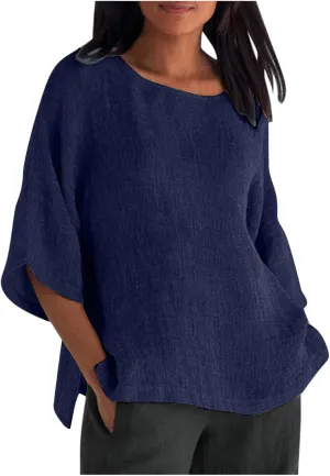 Crewneck Linen Tops for Women 2025 Summer Casual T Shirts Loose Short Sleeve Cotton and Linen Blouses Tee
