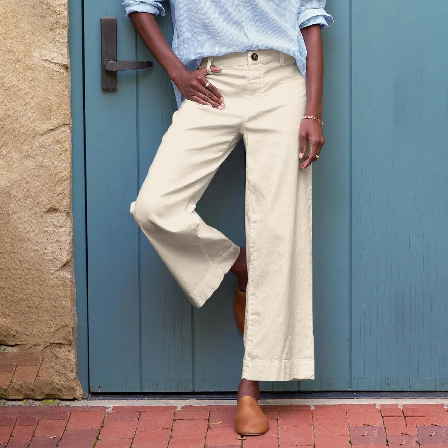 Cropped Linen Pants Women High Waisted Flare Wide Leg Capri Work Pants Business Casual Ankle Pants with Pockets