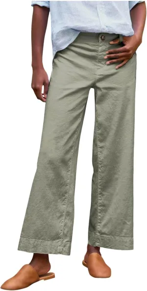 Cropped Linen Pants Women High Waisted Flare Wide Leg Capri Work Pants Business Casual Ankle Pants with Pockets