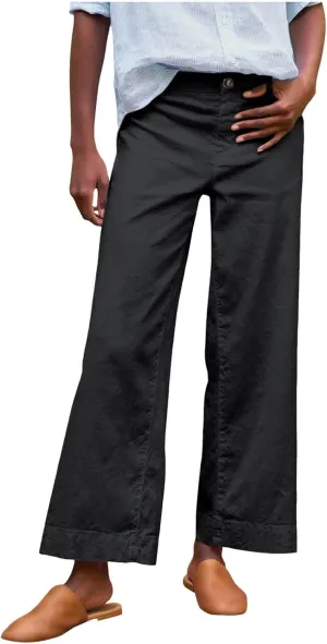 Cropped Linen Pants Women High Waisted Flare Wide Leg Capri Work Pants Business Casual Ankle Pants with Pockets