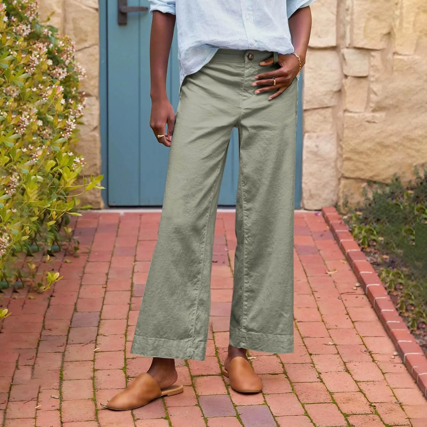 Cropped Linen Pants Women High Waisted Flare Wide Leg Capri Work Pants Business Casual Ankle Pants with Pockets
