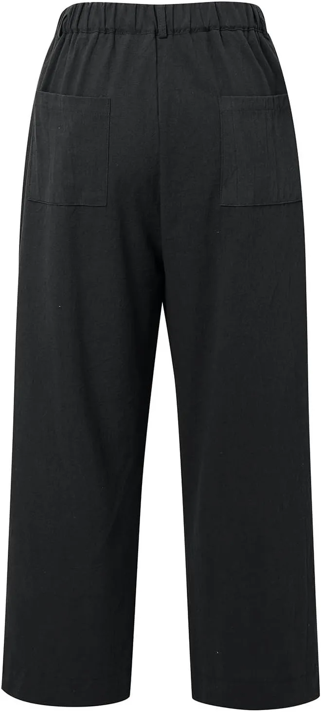 Cropped Linen Pants Women High Waisted Flare Wide Leg Capri Work Pants Business Casual Ankle Pants with Pockets