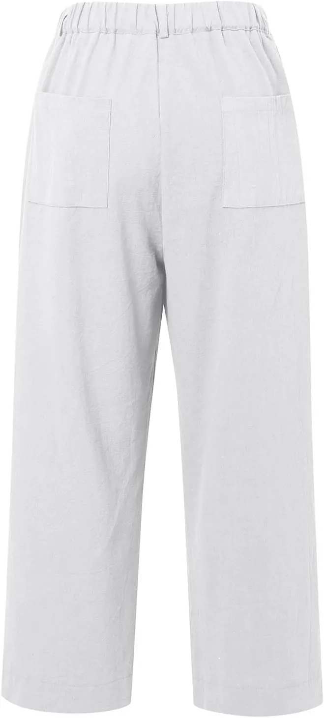 Cropped Linen Pants Women High Waisted Flare Wide Leg Capri Work Pants Business Casual Ankle Pants with Pockets