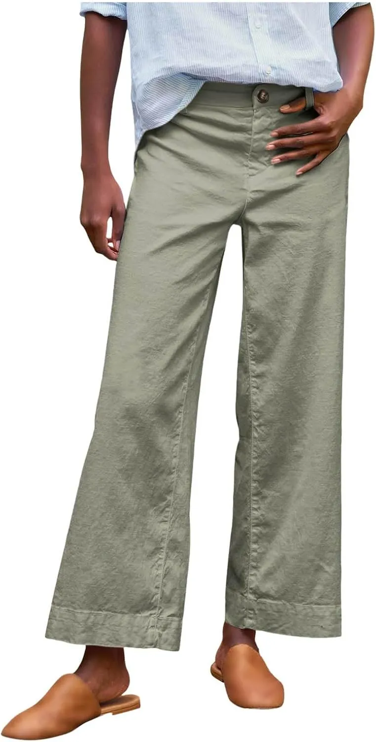 Cropped Linen Pants Women High Waisted Flare Wide Leg Capri Work Pants Business Casual Ankle Pants with Pockets