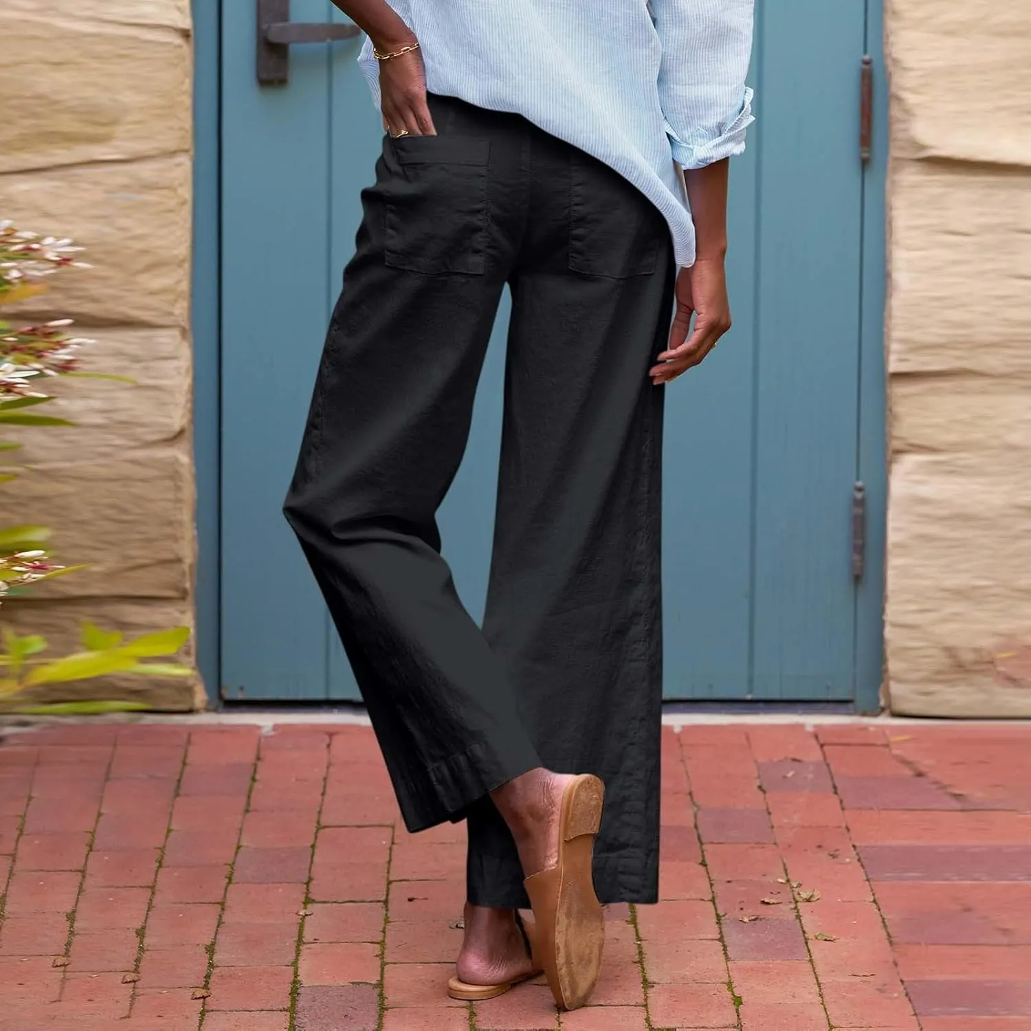 Cropped Linen Pants Women High Waisted Flare Wide Leg Capri Work Pants Business Casual Ankle Pants with Pockets