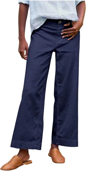 Cropped Linen Pants Women High Waisted Flare Wide Leg Capri Work Pants Business Casual Ankle Pants with Pockets