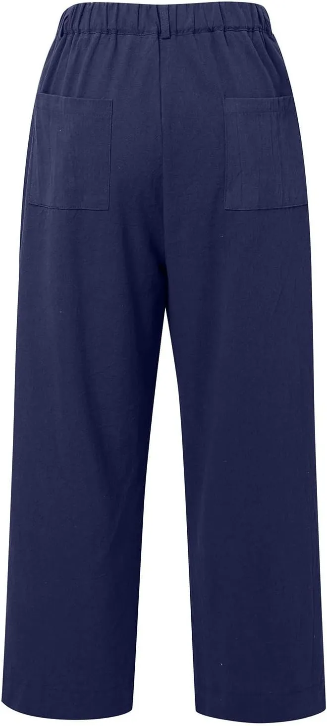 Cropped Linen Pants Women High Waisted Flare Wide Leg Capri Work Pants Business Casual Ankle Pants with Pockets