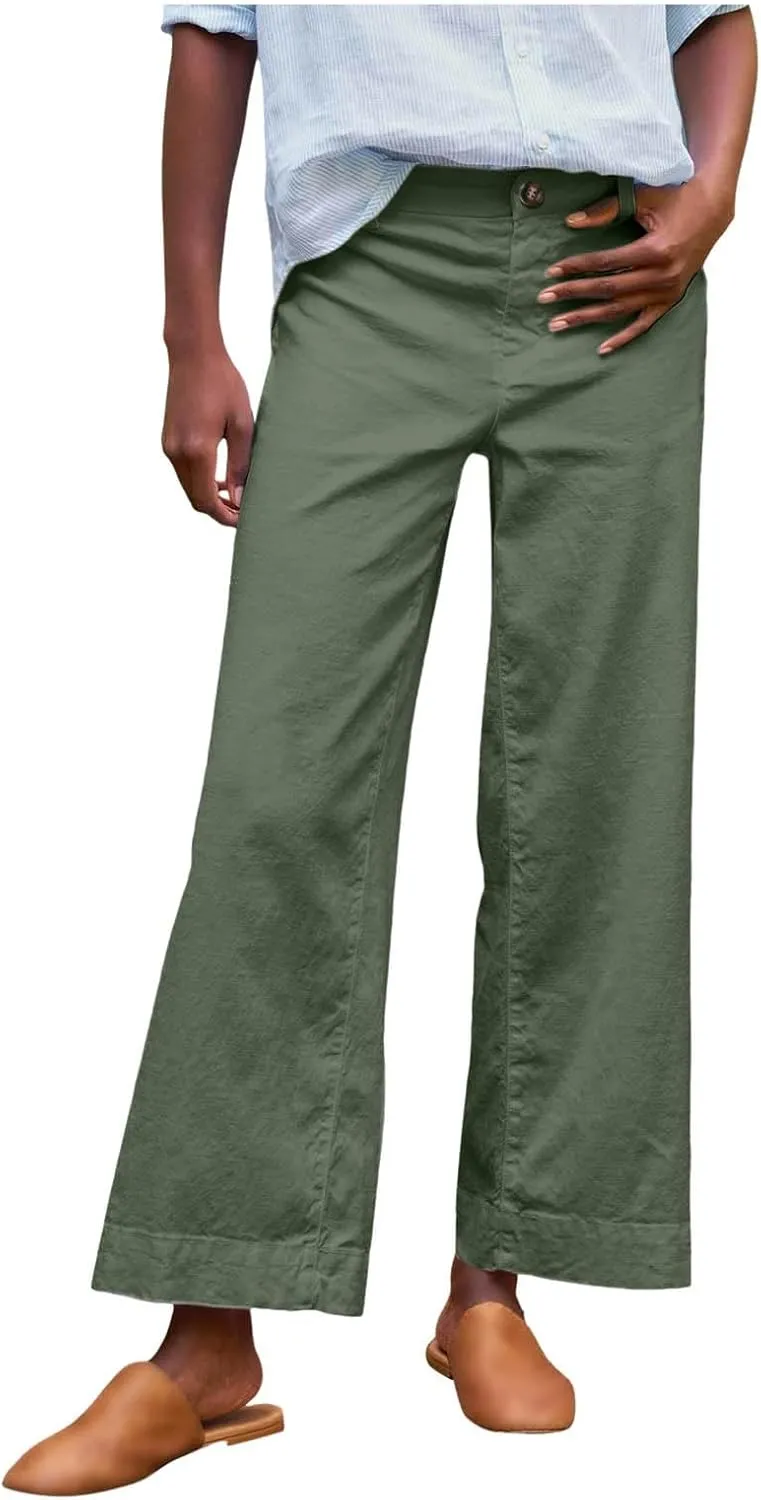 Cropped Linen Pants Women High Waisted Flare Wide Leg Capri Work Pants Business Casual Ankle Pants with Pockets