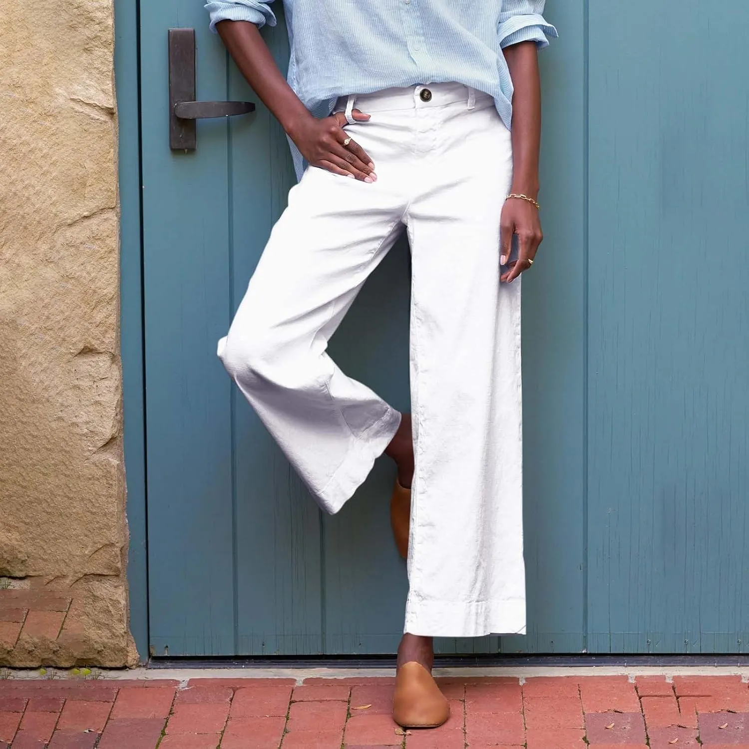 Cropped Linen Pants Women High Waisted Flare Wide Leg Capri Work Pants Business Casual Ankle Pants with Pockets