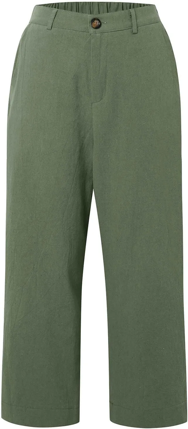 Cropped Linen Pants Women High Waisted Flare Wide Leg Capri Work Pants Business Casual Ankle Pants with Pockets