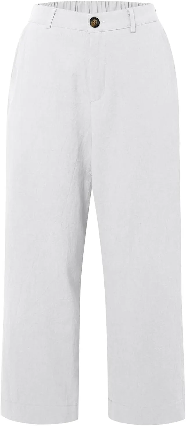 Cropped Linen Pants Women High Waisted Flare Wide Leg Capri Work Pants Business Casual Ankle Pants with Pockets