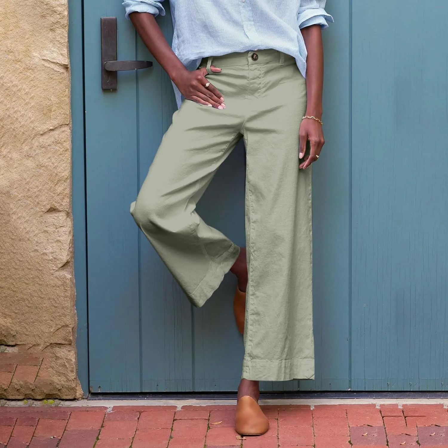 Cropped Linen Pants Women High Waisted Flare Wide Leg Capri Work Pants Business Casual Ankle Pants with Pockets