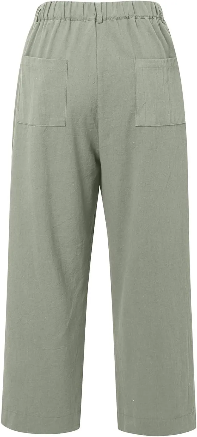 Cropped Linen Pants Women High Waisted Flare Wide Leg Capri Work Pants Business Casual Ankle Pants with Pockets