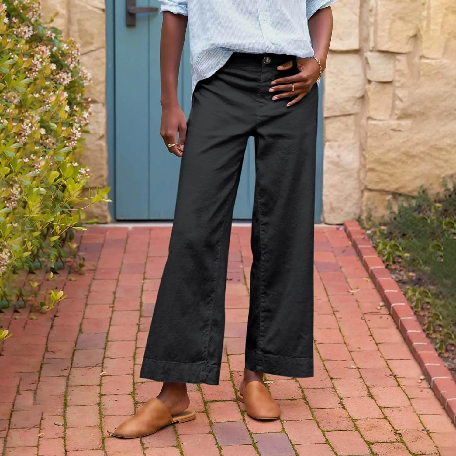 Cropped Linen Pants Women High Waisted Flare Wide Leg Capri Work Pants Business Casual Ankle Pants with Pockets