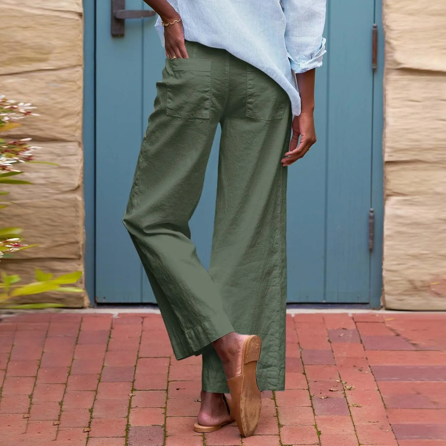Cropped Linen Pants Women High Waisted Flare Wide Leg Capri Work Pants Business Casual Ankle Pants with Pockets