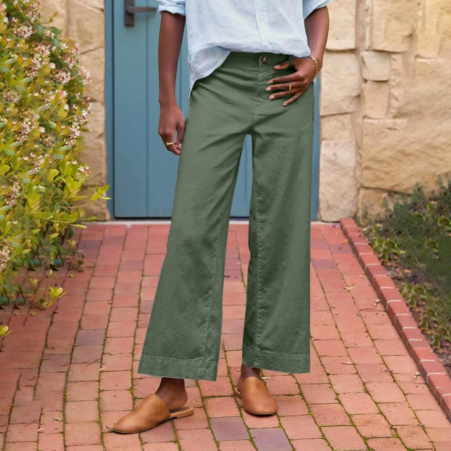 Cropped Linen Pants Women High Waisted Flare Wide Leg Capri Work Pants Business Casual Ankle Pants with Pockets