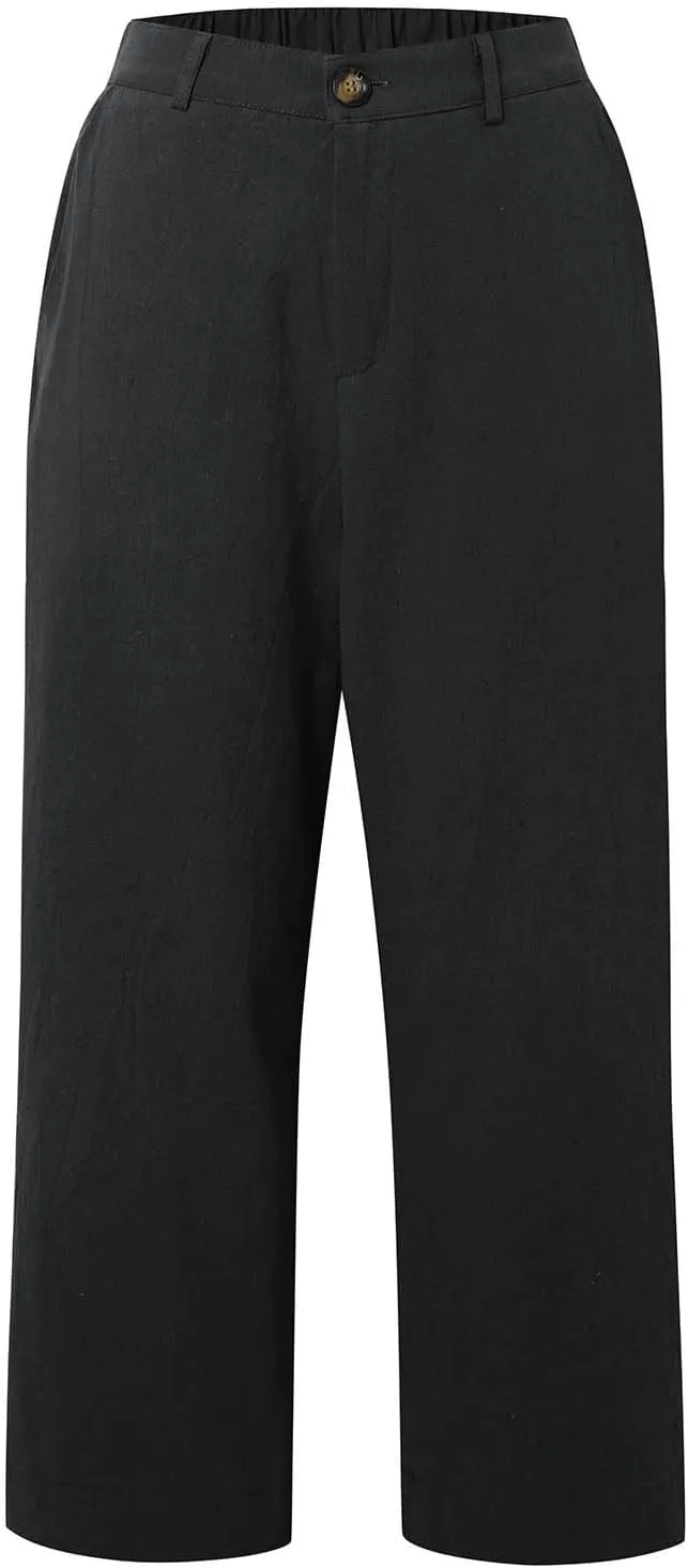 Cropped Linen Pants Women High Waisted Flare Wide Leg Capri Work Pants Business Casual Ankle Pants with Pockets
