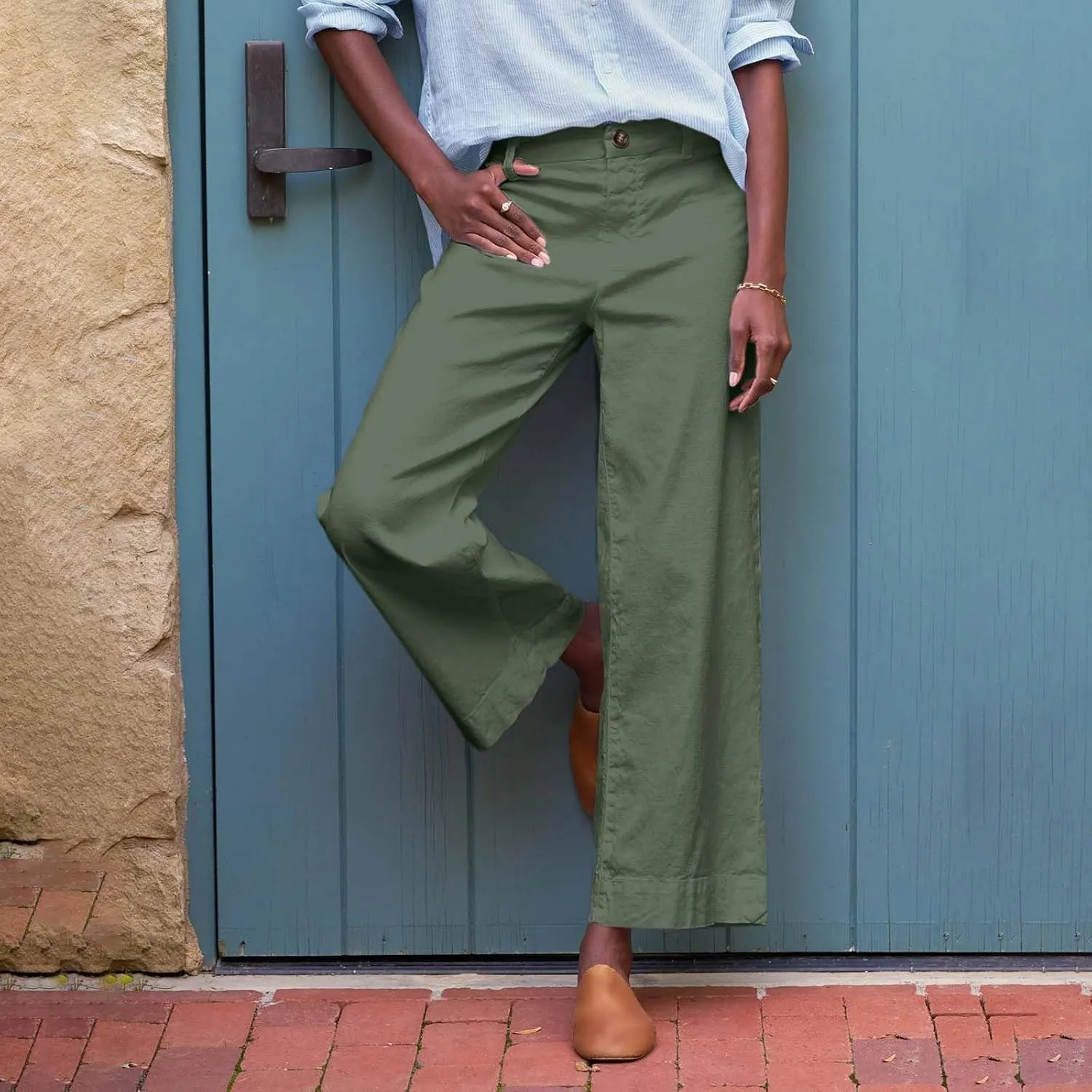 Cropped Linen Pants Women High Waisted Flare Wide Leg Capri Work Pants Business Casual Ankle Pants with Pockets