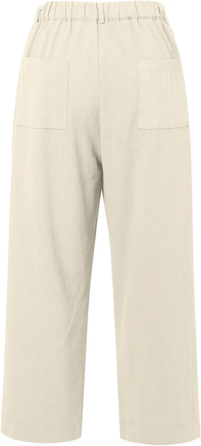 Cropped Linen Pants Women High Waisted Flare Wide Leg Capri Work Pants Business Casual Ankle Pants with Pockets