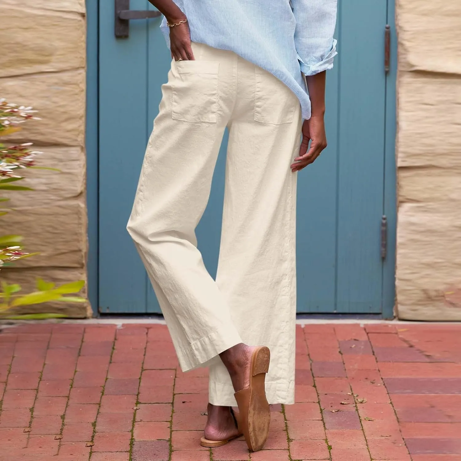 Cropped Linen Pants Women High Waisted Flare Wide Leg Capri Work Pants Business Casual Ankle Pants with Pockets