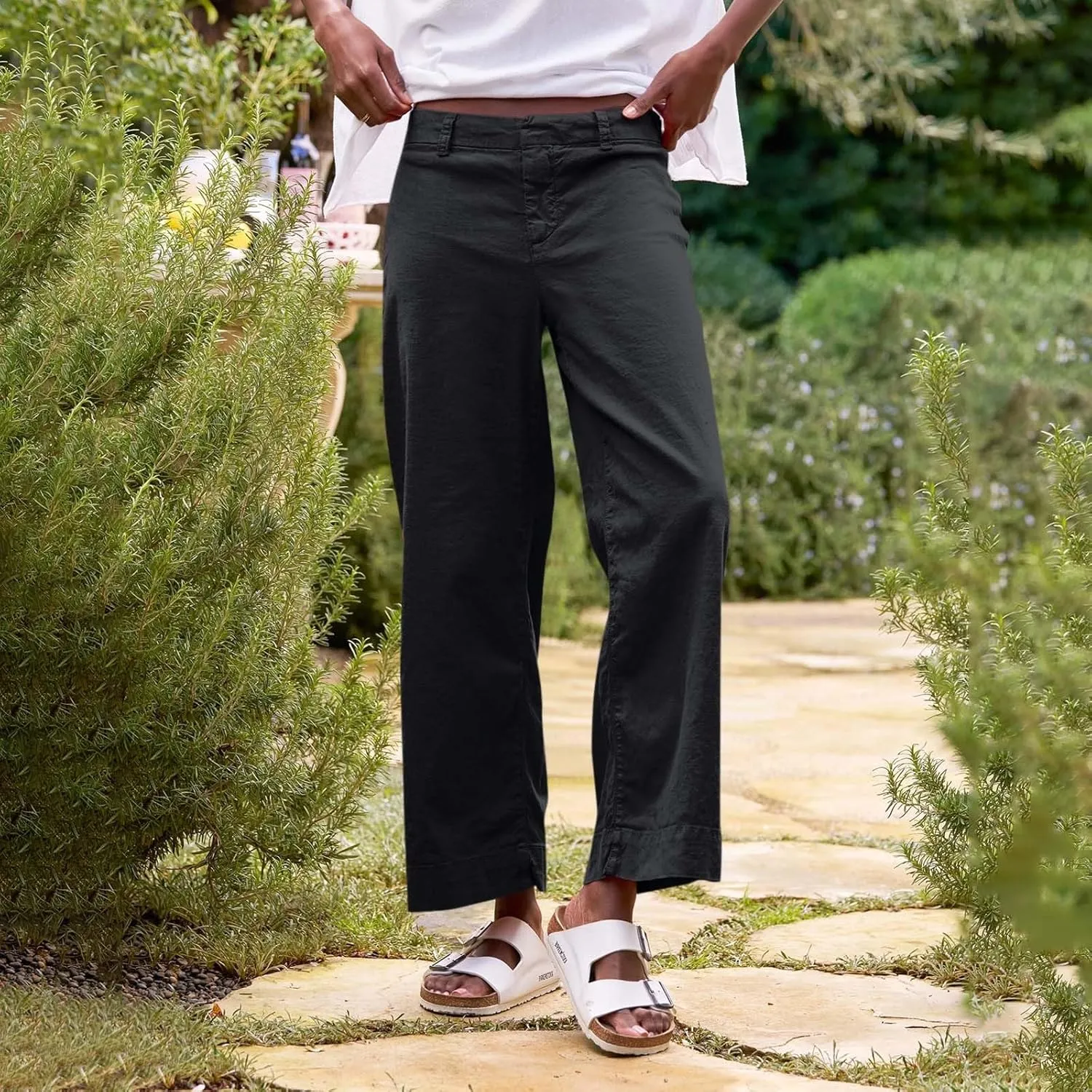 Cropped Linen Pants Women High Waisted Flare Wide Leg Capri Work Pants Business Casual Ankle Pants with Pockets
