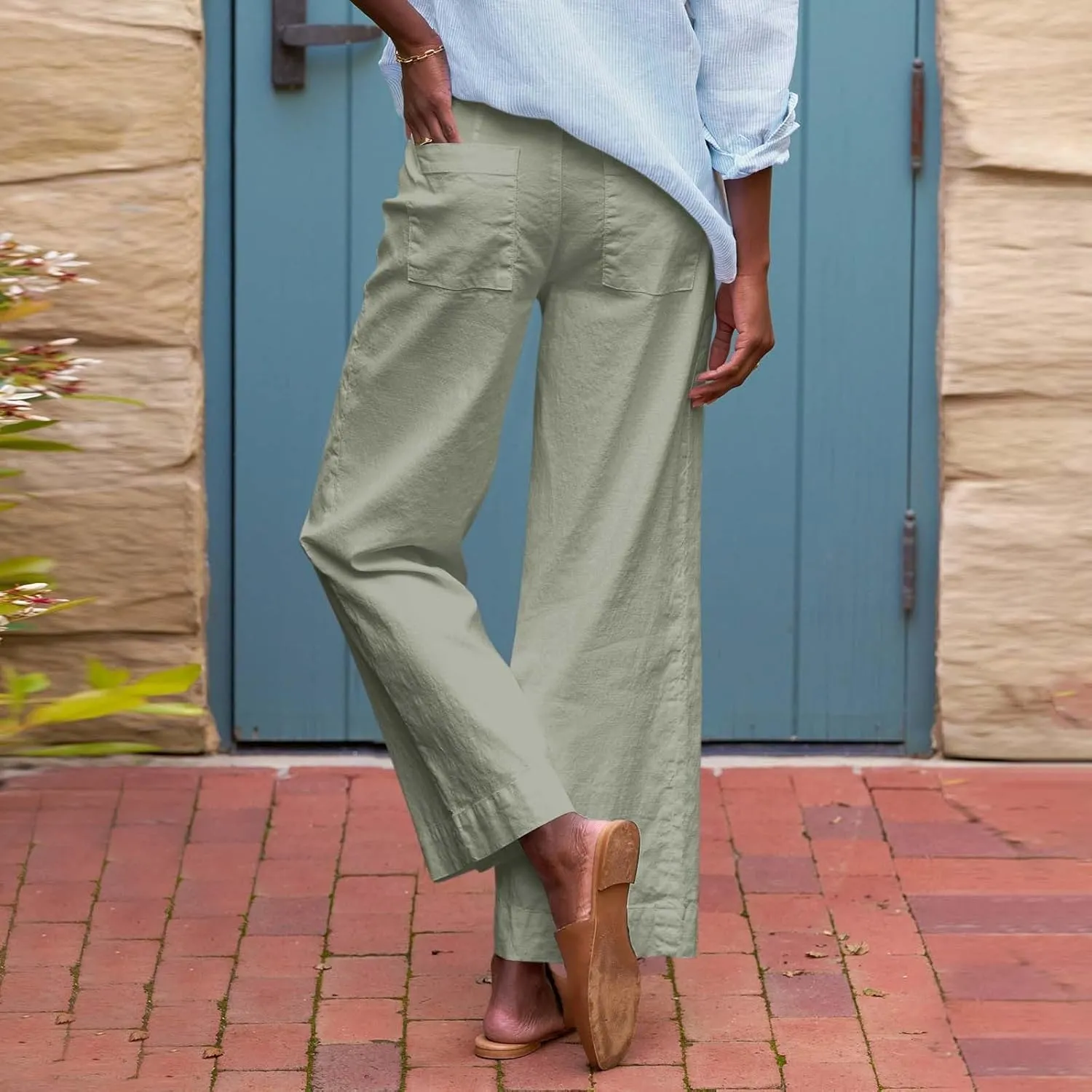 Cropped Linen Pants Women High Waisted Flare Wide Leg Capri Work Pants Business Casual Ankle Pants with Pockets