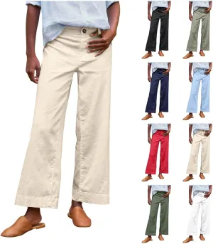 Cropped Linen Pants Women High Waisted Flare Wide Leg Capri Work Pants Business Casual Ankle Pants with Pockets