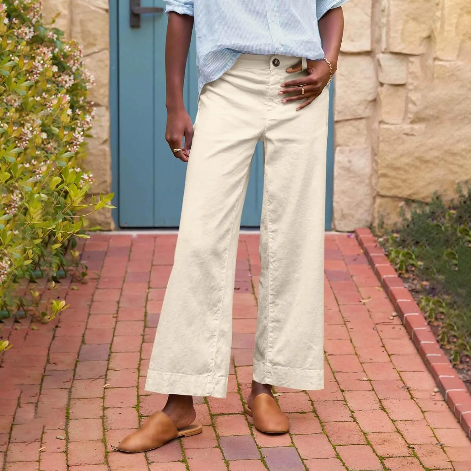 Cropped Linen Pants Women High Waisted Flare Wide Leg Capri Work Pants Business Casual Ankle Pants with Pockets