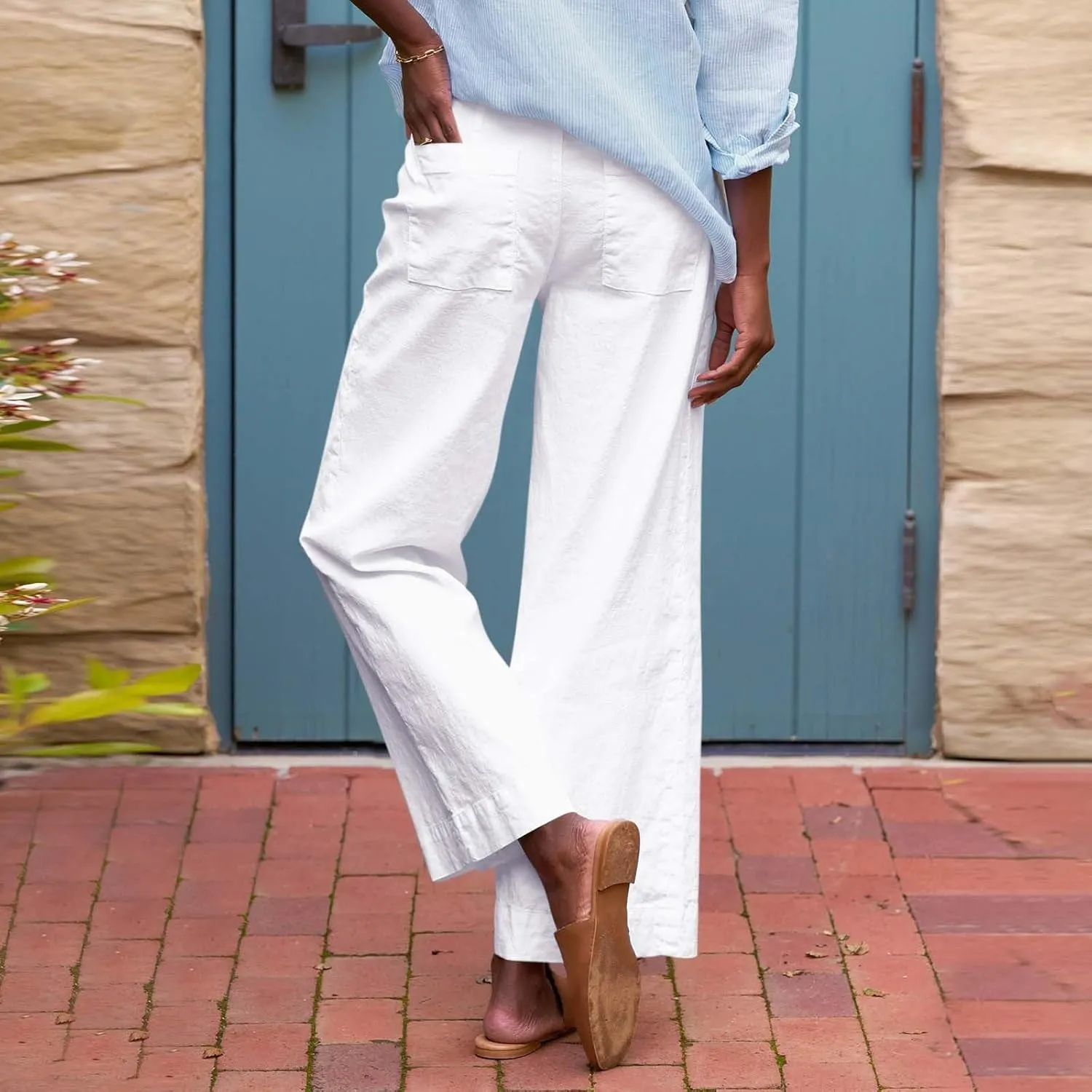 Cropped Linen Pants Women High Waisted Flare Wide Leg Capri Work Pants Business Casual Ankle Pants with Pockets