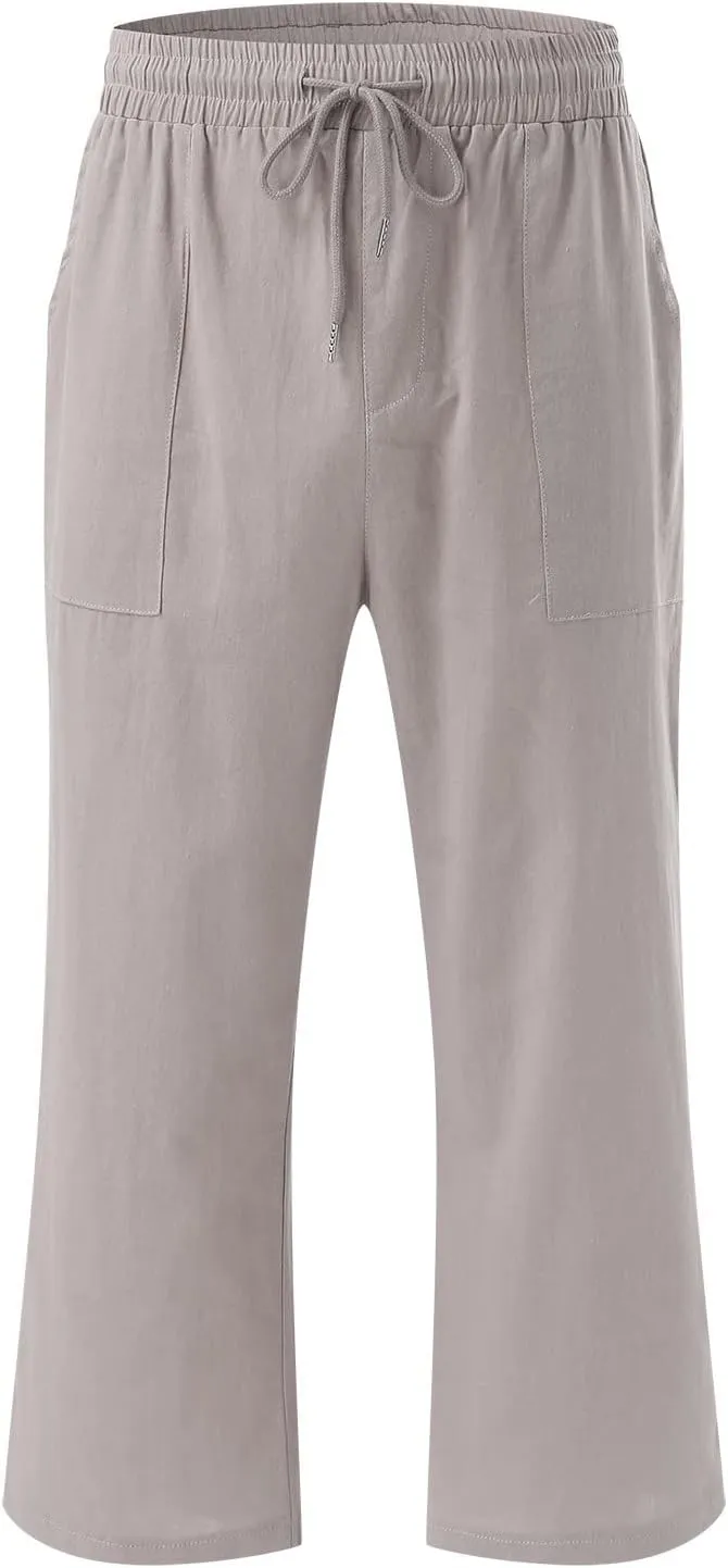 Cropped Linen Pants Women Petite Drawstring Elastic Waist Wide Leg Cropped Trousers 3/4 Length Pants with Pockets